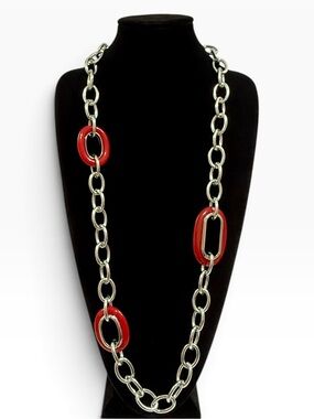 Chico’s Long Silver Red Chunky Link Necklace NWT
